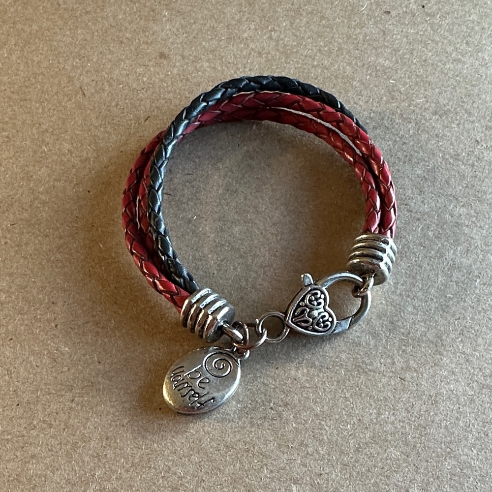 Brighton Red and Black Braided Leather Double-Wrap Bracelet with Heart Clasp